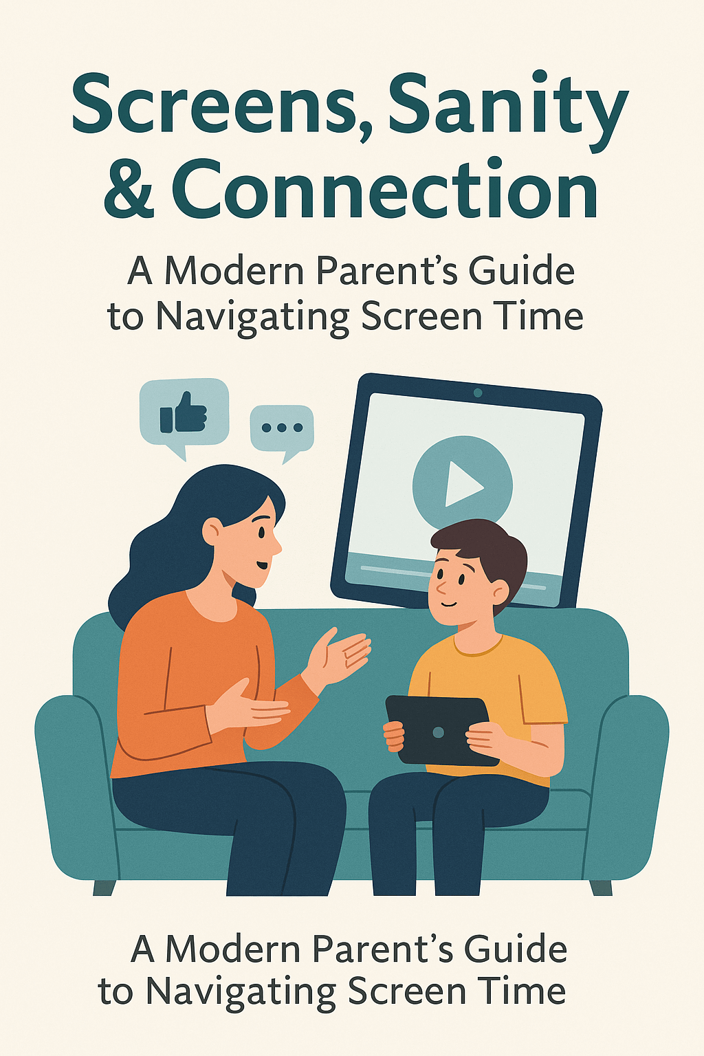 Cover of 'Screens, Sanity & Connection' book, guiding parents on managing screen time with intention.